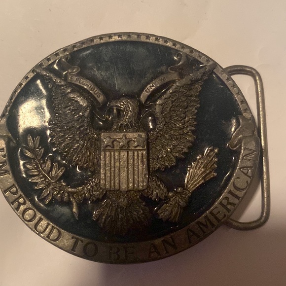 Bergamot Belt Buckle brass Works I’m proud to be an American 2.5×3” 1981 - Picture 3 of 7